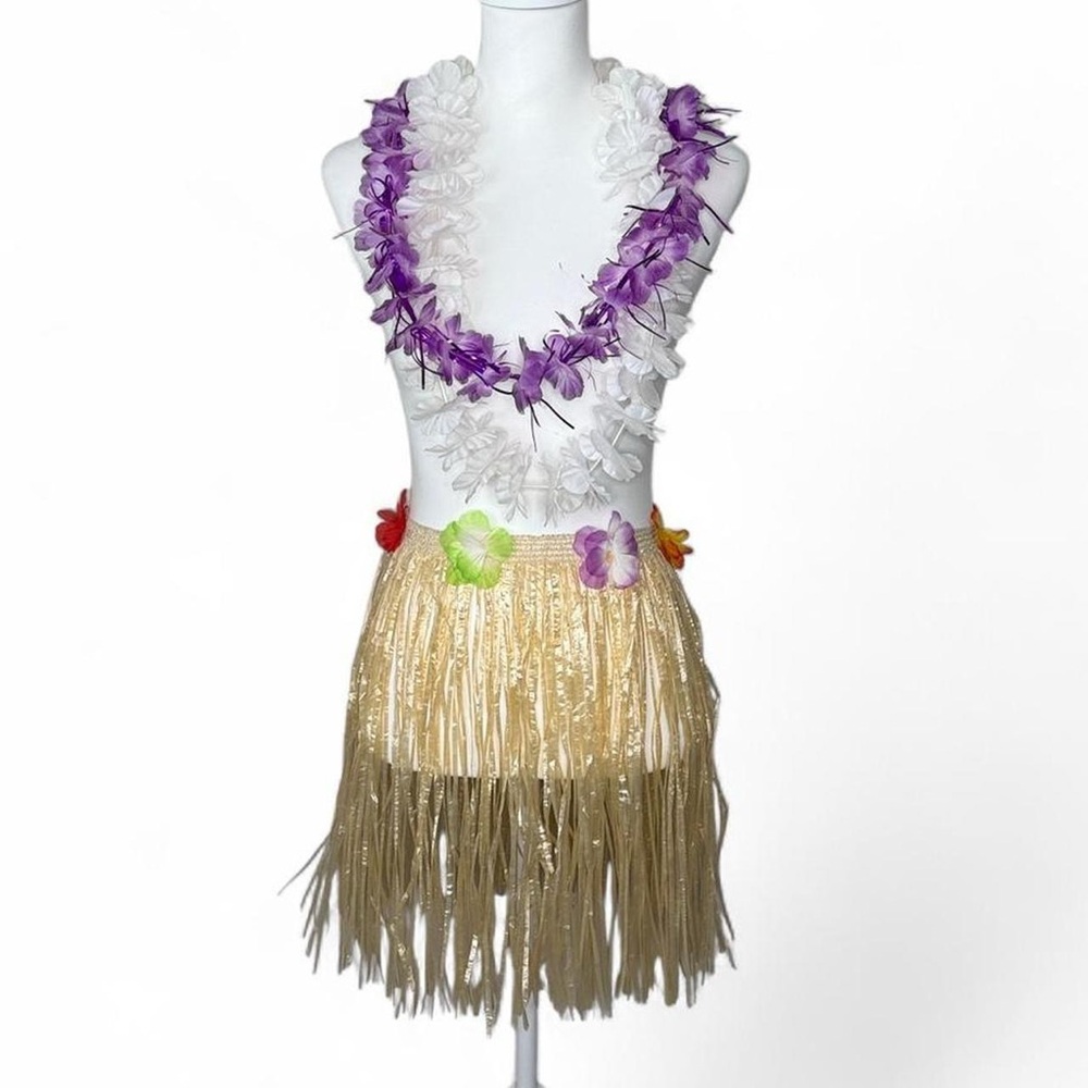 Hawaiian Luau Grass Skirt with Floral Lei Set